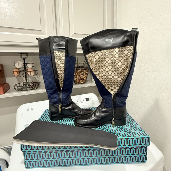 Tory Burch Black Leather & Blue Quilted Roslie Tall Riding Boots with Gold Logo - Picture 6 of 17